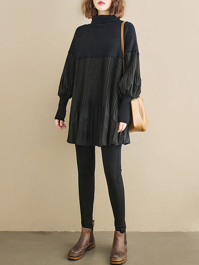 Knitting Pleats Split-Joint High-Neck Pullover Top
