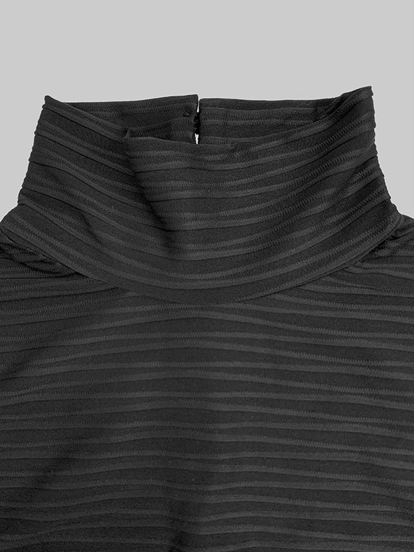 Long Sleeves Skinny Pleated Solid Color Split-Joint High Neck T-Shirts