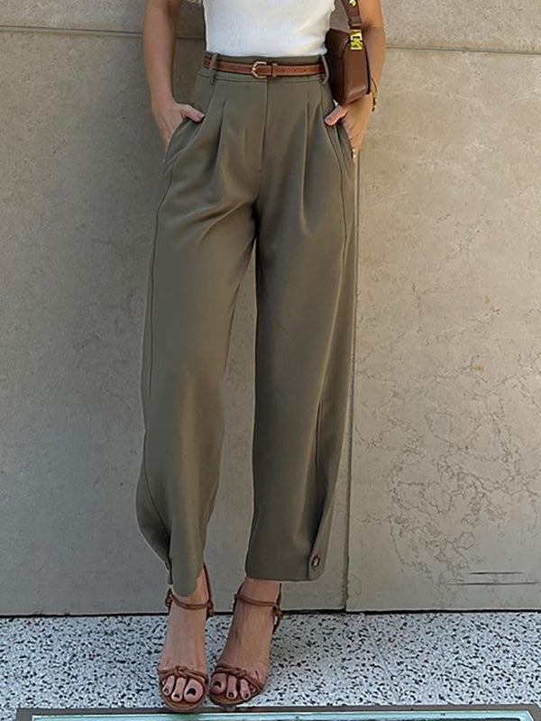 High Waisted Loose Buttoned No Belt Pleated Pockets Suit Pants
