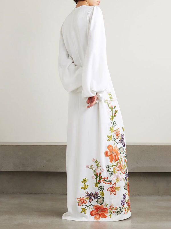Long Sleeves Loose Elasticity Flower Print Round-Neck Maxi Dresses
