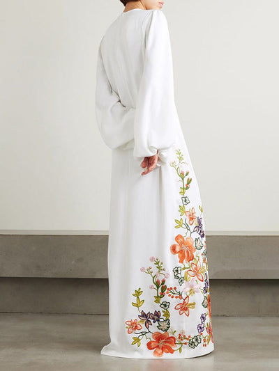 Long Sleeves Loose Elasticity Flower Print Round-Neck Maxi Dresses