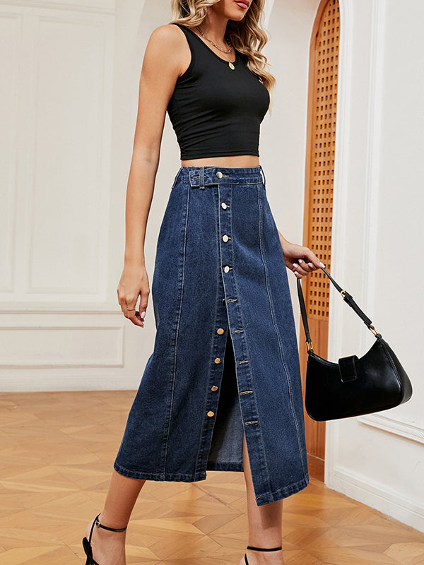 Loose Buttoned Pockets Split-Front Denim Skirts Bottoms