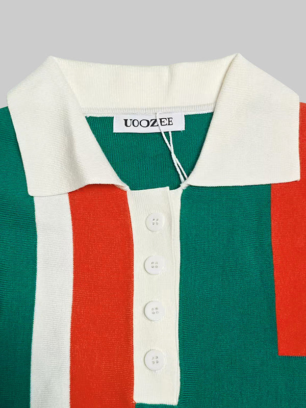 Short Sleeves Skinny Buttoned Contrast Color Lapel Polo-Style T-Shirts Tops