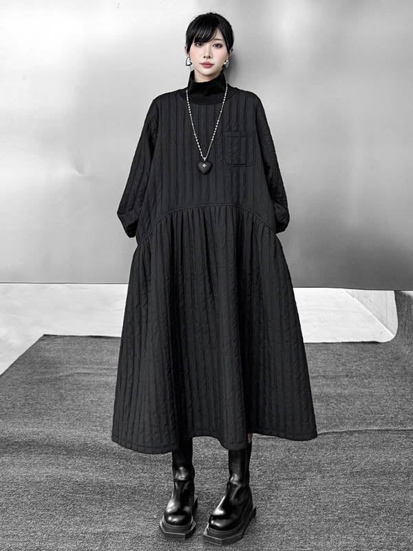A-Line Long Sleeves Embossed Pockets Quilted Solid Color Split-Joint High Neck Midi Dresses Sweater Dresses