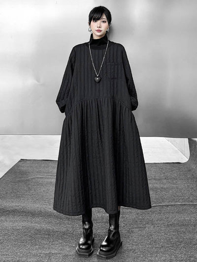 A-Line Long Sleeves Embossed Pockets Quilted Solid Color Split-Joint High Neck Midi Dresses Sweater Dresses