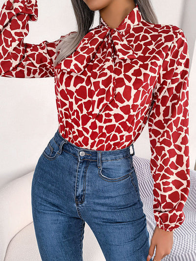 Bishop Sleeve Long Sleeves Bow-Embellished Elasticity Tied Mock Neck Blouses&Shirts Tops