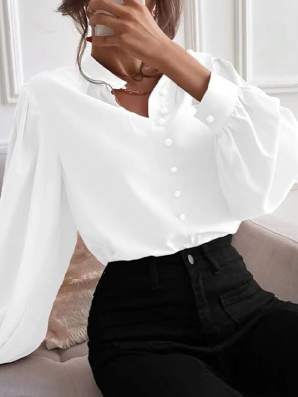 Loose Puff Sleeves Pleated Solid Color Split-Joint Stand Collar Blouses