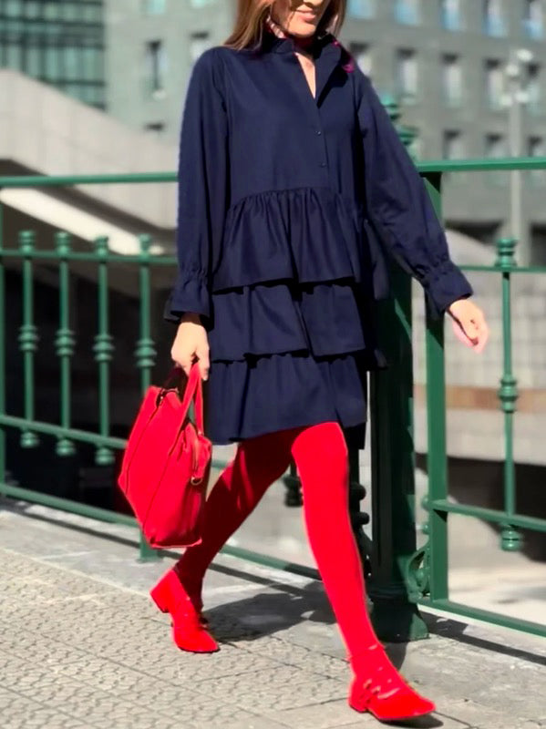 Flared Sleeves Long Sleeves Buttoned Elasticity Layered Solid Color V-Neck Mini Dresses