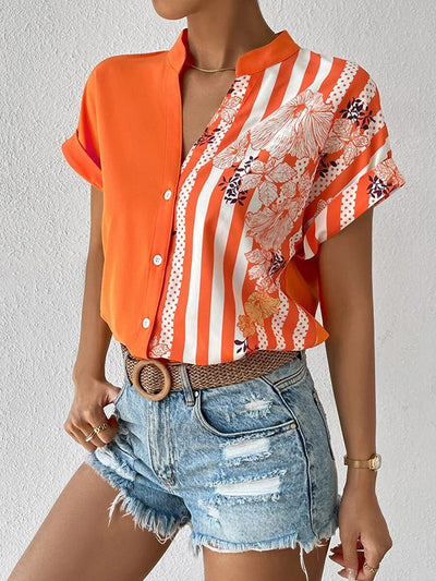 Loose Short Sleeves Buttoned Contrast Color Flower Print Striped V-Neck Blouses&Shirts Tops
