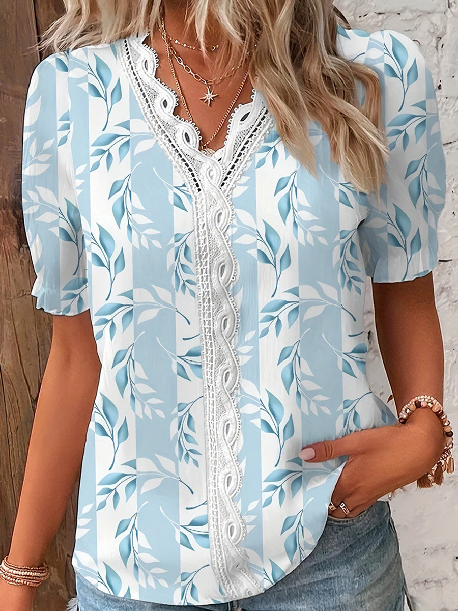 Loose Puff Sleeves Contrast Color Flower Print Hollow Pleated Split-Joint V-Neck Blouses&Shirts Tops
