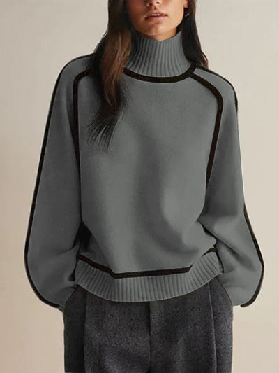 Long Sleeves Loose Contrast Color Split-Joint High Neck Pullovers Sweater Tops