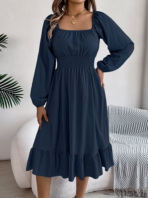 A-Line Elasticated Waist Pleated Ruffled Solid Color Square-Neck Midi Dresses