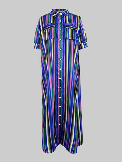 Long Sleeves Loose Split-Joint Striped Lapel Maxi Dresses Shirt Dress