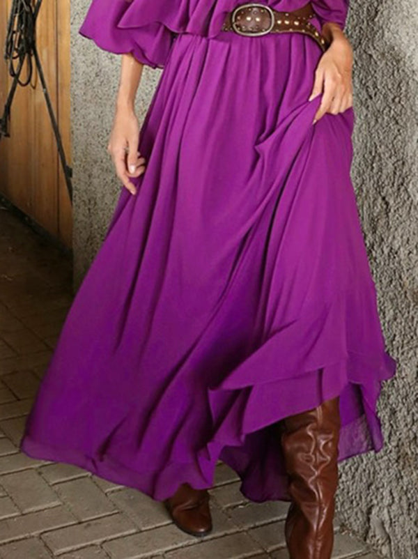Flared Sleeves Loose Pleated Solid Color Split-Joint Round-Neck Maxi Dresses