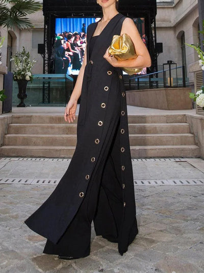 Loose Sleeveless Hollow Split-Joint Split-Side Streamer Deep V-Neck Vest Outerwear