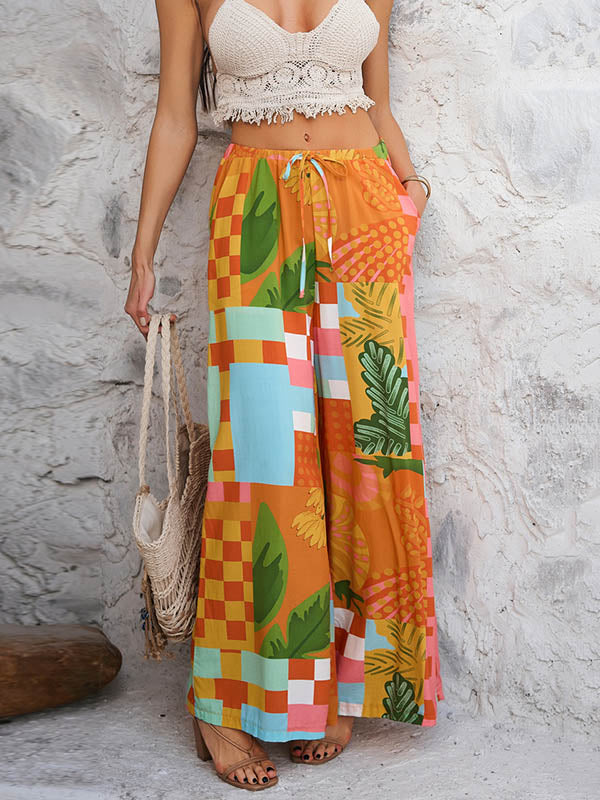 High Waisted Loose Contrast Color Drawstring Pockets Pants Trousers