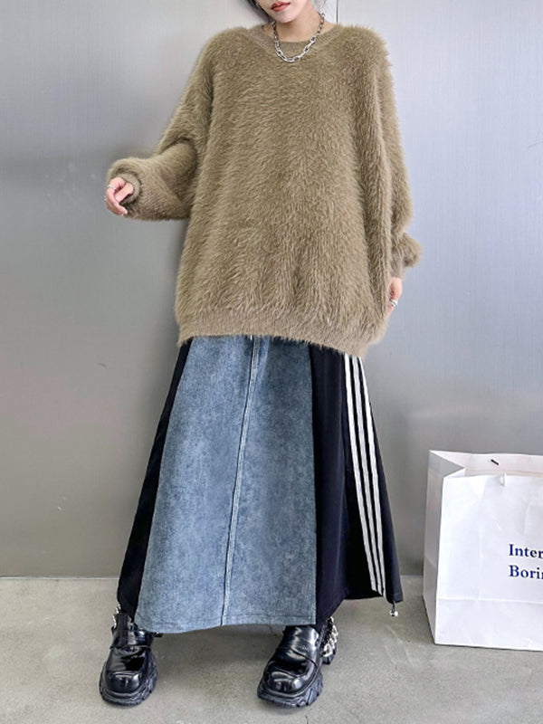 A-Line Loose Contrast Color Drawstring Split-Joint Striped Skirts Bottoms
