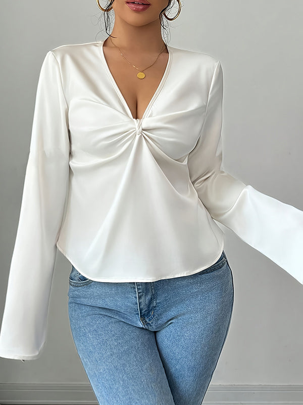 Long Sleeves Loose Pleated Solid Color Split-Joint V-Neck Blouses&Shirts Tops