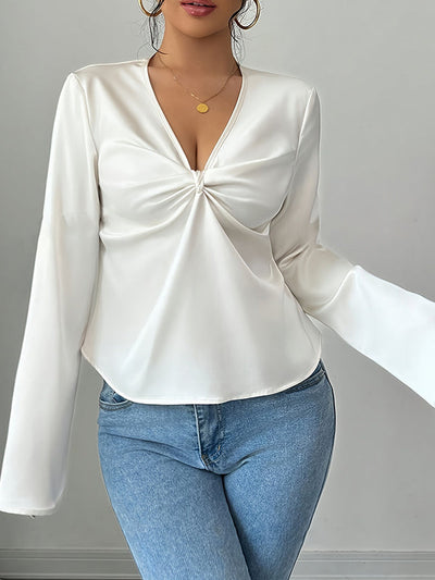 Long Sleeves Loose Pleated Solid Color Split-Joint V-Neck Blouses&Shirts Tops