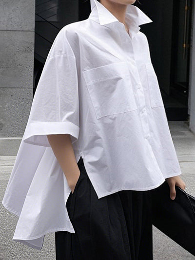 Half Sleeves Loose Buttoned Pockets Solid Color Lapel Blouses&Shirts Tops