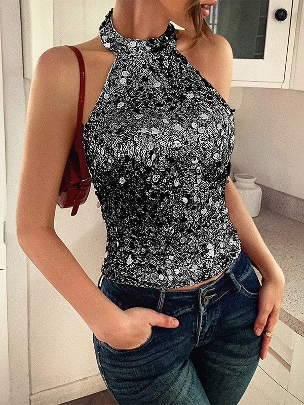 Skinny Sleeveless Backless Sequined Shiny Halter-Neck Tank Top