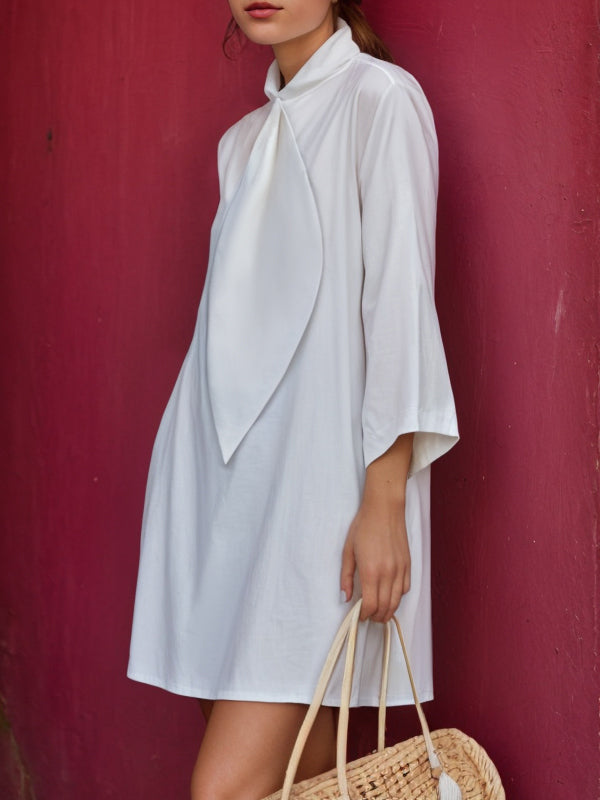 Loose Three-Quarter Sleeves Solid Color Stand Collar Mini Dresses Shirt Dress