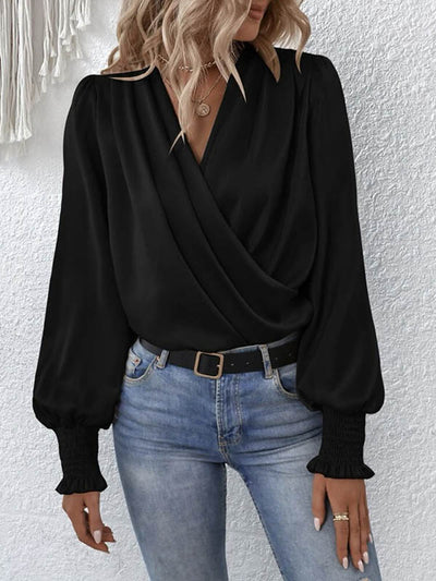 Long Sleeves Loose Elasticity Solid Color V-Neck Blouses&Shirts Tops