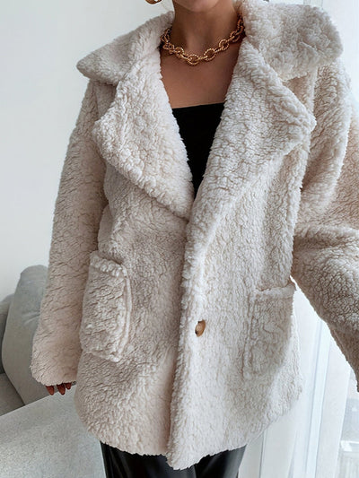 Long Sleeves Loose Buttoned Pockets Solid Color Velvet Notched Collar Outerwear