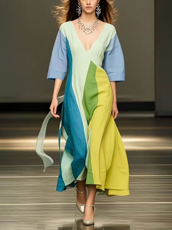 Loose Three-Quarter Sleeves Colorful Contrast Color V-Neck Maxi Dresses