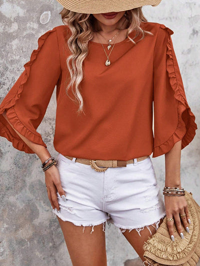 Loose Three-Quarter Sleeves Ruffle Trim Solid Color Round-Neck T-Shirts Tops