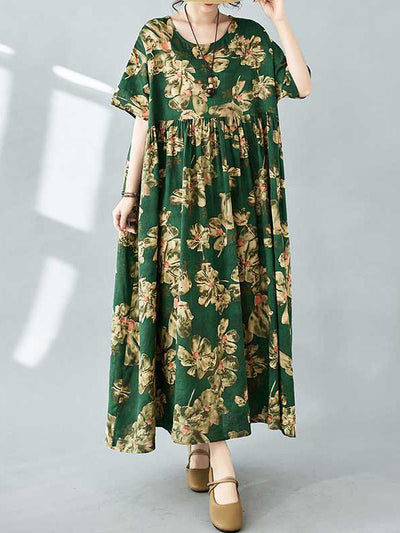 Half Sleeves Loose Flower Print Pleated Pockets Round-neck Midi Dresses