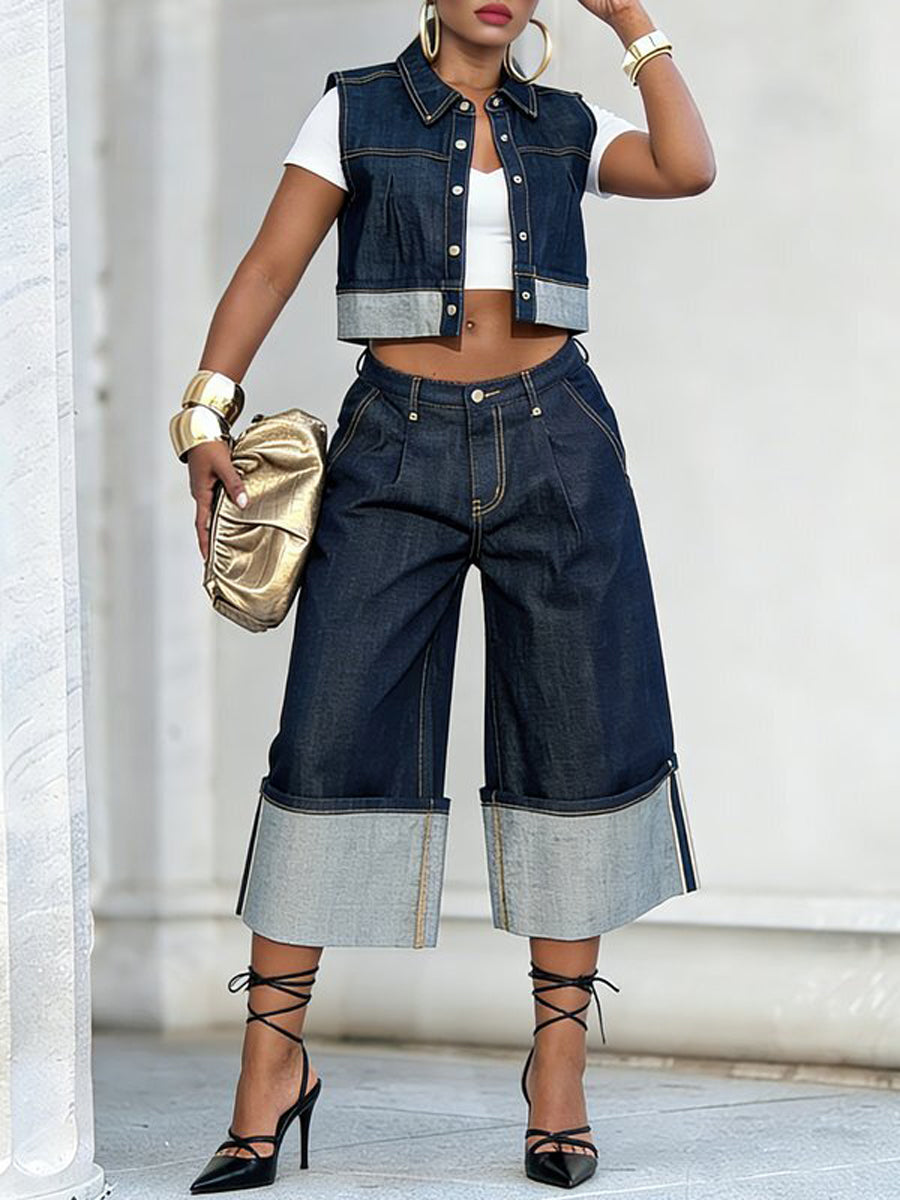 Loose Wide Leg Pleated Pockets Jean Pants Bottoms