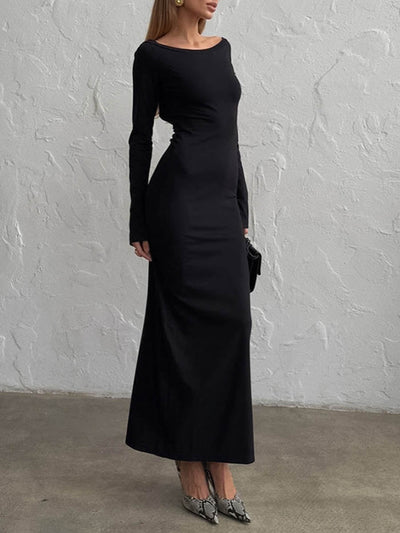Bodycon High Waisted Backless Solid Color Round-Neck Maxi Dresses