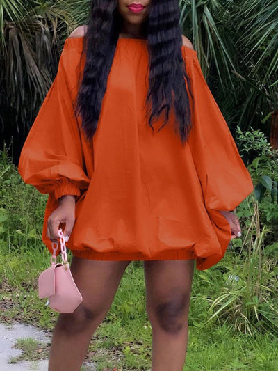 Long Sleeves Loose Elasticity Solid Color Off-The-Shoulder Mini Dresses