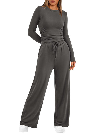 Solid Color Pleated Round-Neck T-Shirts Tops +  Elasticated Waist High Waisted Drawstring Pants Two Pieces Set