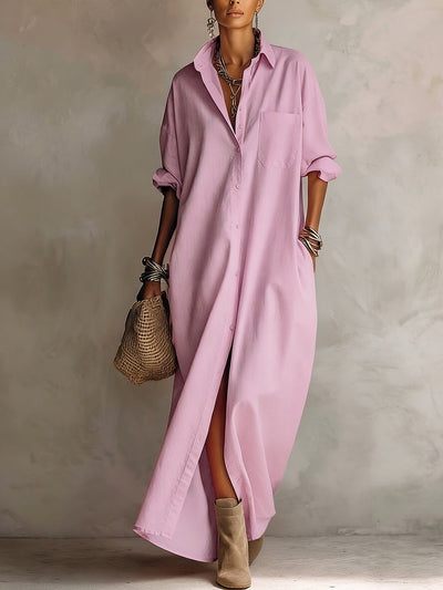Long Sleeves Loose Buttoned Pockets Solid Color Lapel Maxi Dresses Shirt Dress