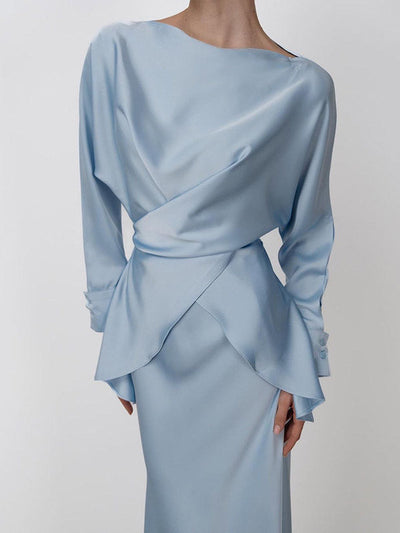 Loose Solid Color Split-Joint Boat Neck Long Sleeves Blouse & Shirt + Skirt Two Pieces Set