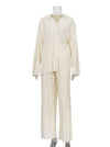 Urban Loose Pleated Solid Lapel Collar Blouses Tops & Wide Leg Pants Two Pieces Set