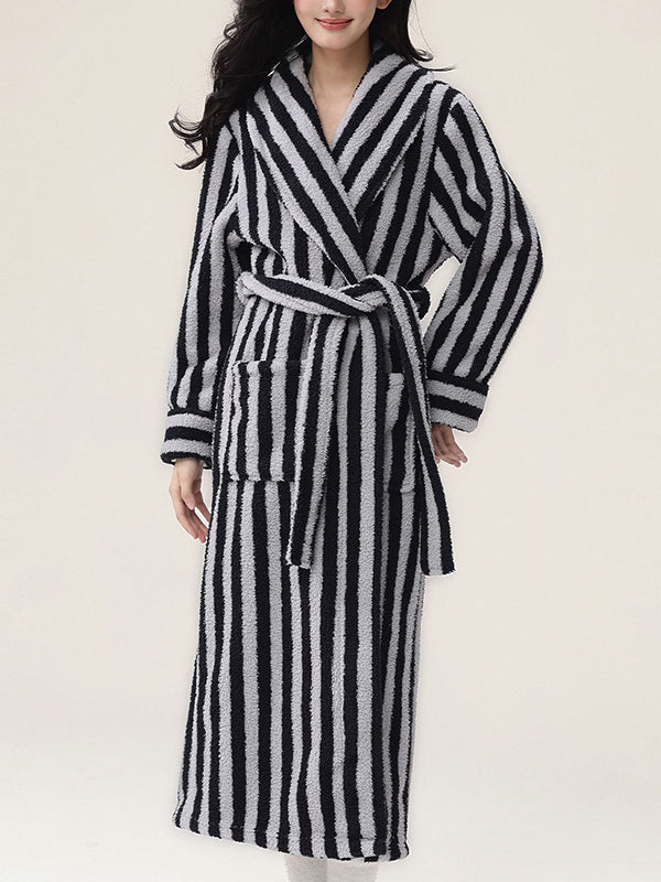 Long Sleeves Loose Split-Joint Striped Tied Waist Lapel Robes