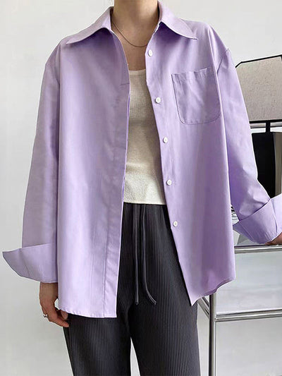 Long Sleeves Loose Buttoned Pockets Solid Color Lapel Blouses&Shirts Tops