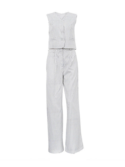 Loose Sleeveless Buttoned Striped V-Neck Vest Top + Pockets Pants Bottom Two Pieces Set