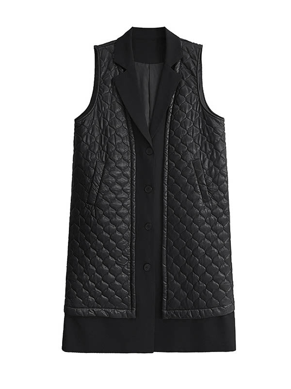 Loose Sleeveless Buttoned Plaid Pockets Solid Color Split-Joint Notched Collar Outerwear Padded Vest