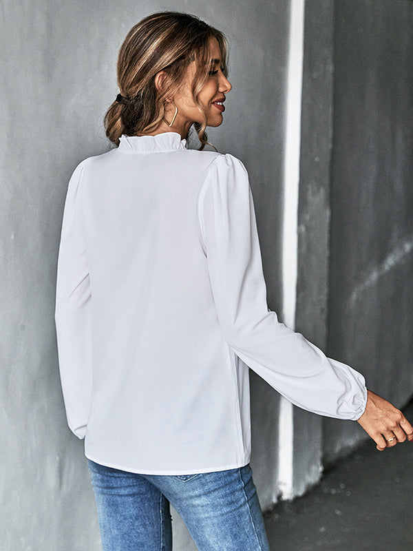 Casual Puff Sleeves Loose Falbala Solid Color V-Neck Blouses&Shirts Tops