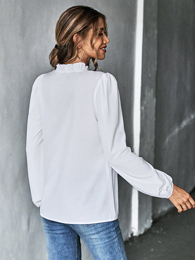 Casual Puff Sleeves Loose Falbala Solid Color V-Neck Blouses&Shirts Tops