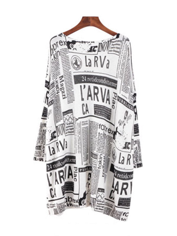 Vintage Loose One-Shoulder Newspaper Printed Split-Joint Sweater
