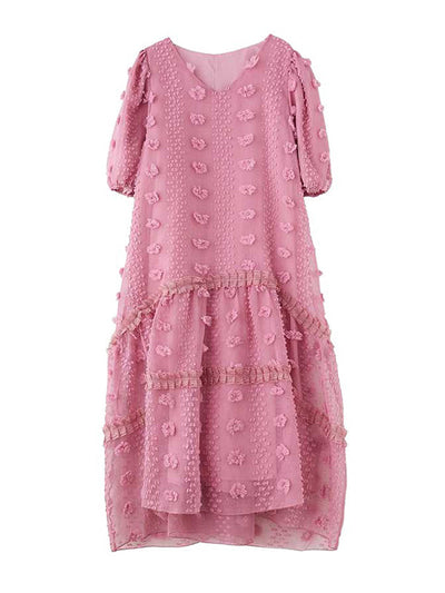 A-Line Half Sleeves Elasticity Jacquard Solid Color Split-Joint V-Neck Midi Dresses