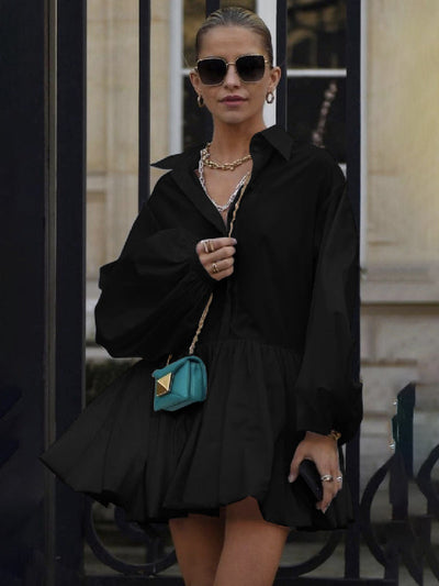 Puff Sleeves Buttoned Solid Color Split-Joint Lapel Mini Dresses Shirt Dress