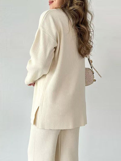 Loose Long Sleeves Solid Color Split-Side Lapel Sweater Top + Pants Two Pieces Set