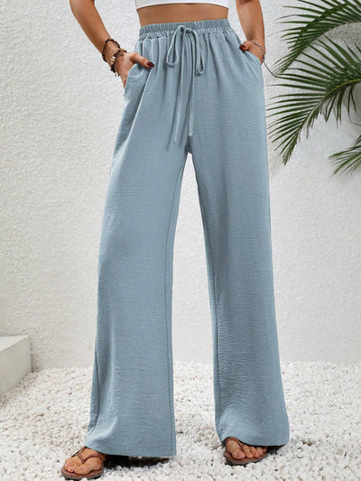 High Waisted Loose Elasticity Pleated Solid Color Tied Waist Pants Trousers