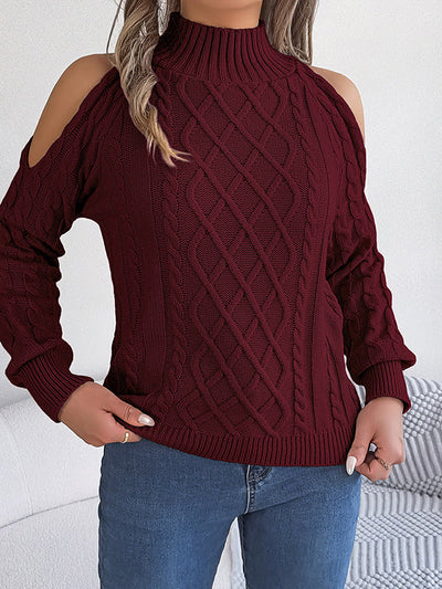 Long Sleeves Loose Hollow Solid Color Cold Shoulder Pullovers Sweater Tops